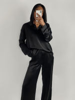 Linad Turn Down Collar Womens Pajamas Set Black Long Sleeves Sleepwear Set Woman 2 Pieces Solid Satin Home Suit For Women 2022