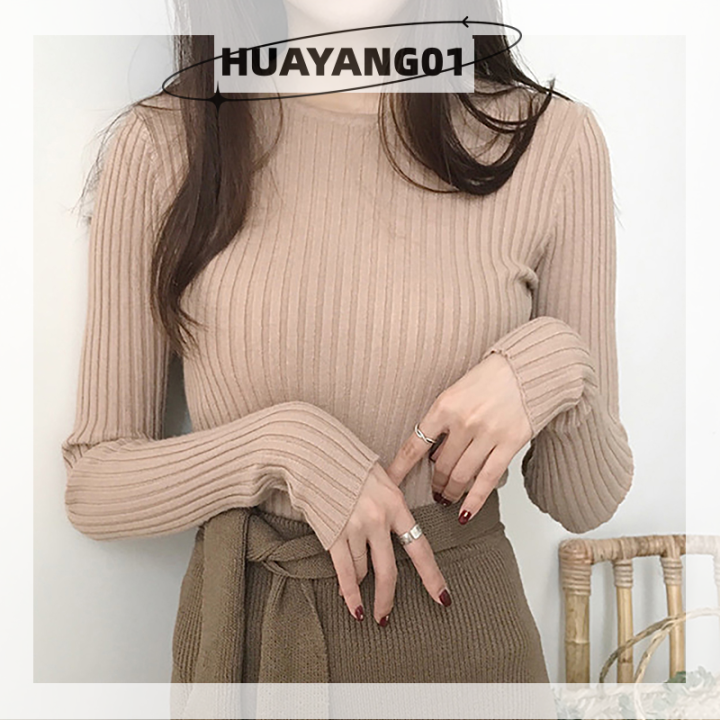 huayang01สเวตเตอร์ตาข่ายยืดหยุ่นผู้หญิง-สเวตเตอร์คอกลมแขนยาวยืดทรงหลวมสีพื้น2023ชิ้น