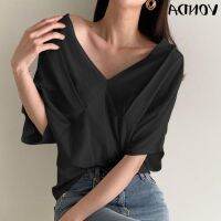 COD DSFERTRETRE VONDA Women Casual Korean Long Sleeve Deep V Neck Sexy Solid Color Pleated Blouse