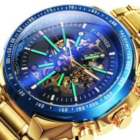 ZZOOI WINNER Official Automatic Mechanical Gold Watch Men Big Case Luxury Fashion Skeleton Luminous Military Business Blue Waterproof