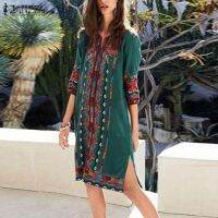 【Ladies shop】ผู้หญิงคอวีลายดอกไม้3/4แขน Sundress Femme Robe แยก Hem Beach VestidoDresses7