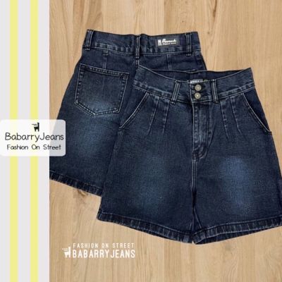 [พร้อมส่ง] BabarryJeans ยีนส์สามส่วน ผู้หญิง เอวจีบ 2 กระดุม เอวสูง วินเทจ ยาว 16 นิ้ว สีดำฟอก