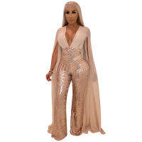 2021women new hot drilling sequined cloak long sleeve open back deep v-neck bodycon night party jumpsuits sexy club rompers M868