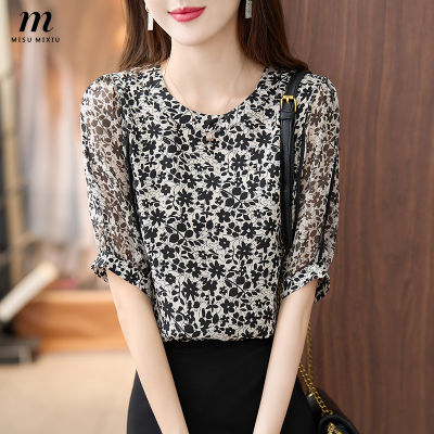 MISUMIXIU European Style Round Neck Chiffon Floral Blouse Womens 2022 Summer New Light Fabric Fashion Short-sleeved Tops