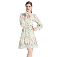 Women New Dress Real Shot  Flower Print  Midi Dress Long Sleeve A- Line Dress