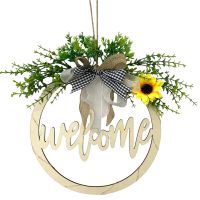 Artificial Sunflower Door Wreath with Lights Front Door Round Hollow Hanging Decoration for Farmhouse Porch Greenery Decor Item