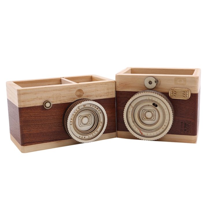 1pcs-creative-retro-camera-double-layer-pen-holder-wooden-learning-stationery-large-pen-holder