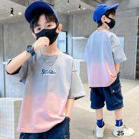 Boys Summer Cotton Fashion Gradient Short Sleeve T-shirts 2023 New Youth Teenage 5-14 Years Boys Streetwear Outfits Tops Clothes