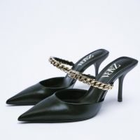 2022 ZARAˉSummer New Black Chain Decorated Temperament Pointed Toe Muller High Heel Stiletto Sandals and Slippers for Women