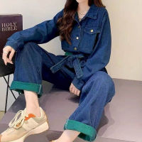 ใหม่แฟชั่น DENIM jumpsuit ชุดผู้หญิงสีฟ้า DENIM แขนยาวสีเย็บเอวสูงขนาดใหญ่ Casual ชุดผู้หญิง.