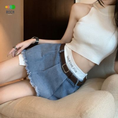 NINI [new season] fake two-piece high waist summer letter pleated skirt womens chic skirt new woolen denim short skirt 2022
