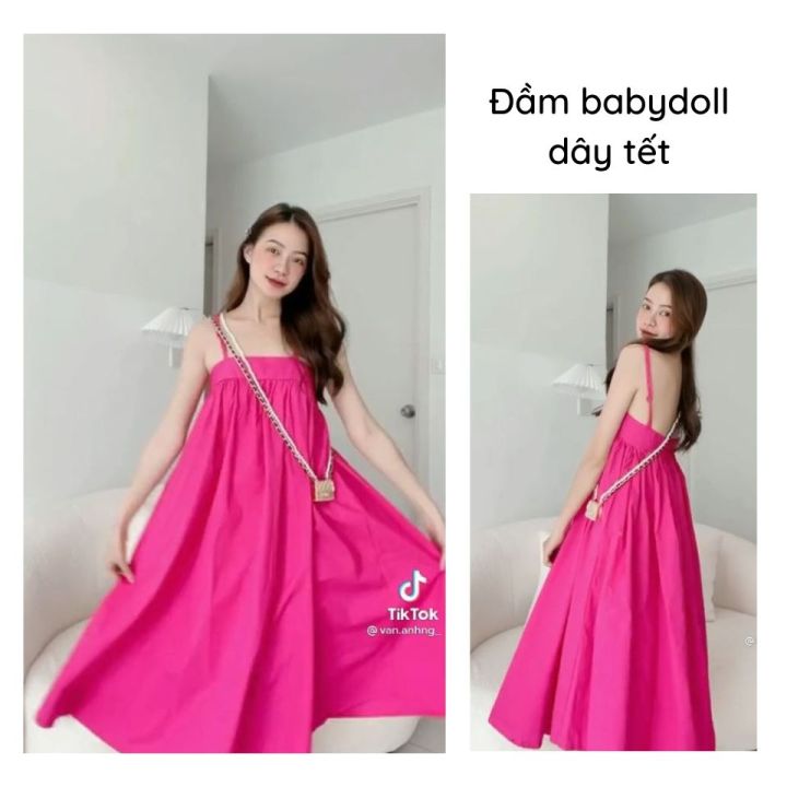 Đầm babydoll 2 dây tết maxi xòe đi biển mùa hè xinh xắn chất vải ...