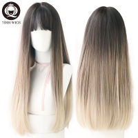 7JHH WIGS Long Straight Omber Light Brown Black Wigs For Women Long Remy Hair With Bangs Girl Omber Green Purple Wholesale