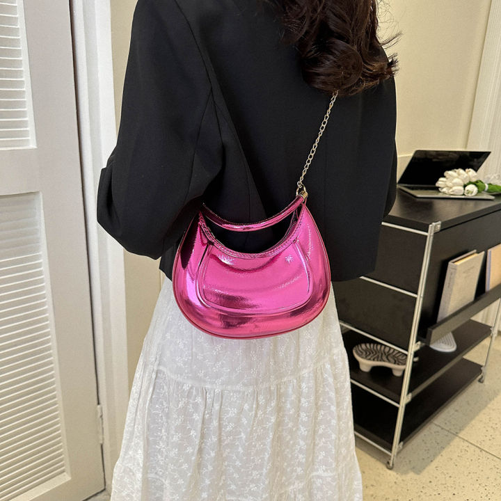 กระเป๋าถือสีทึบผู้หญิงหนัง-pu-สดใสพระจันทร์ครึ่งดวงด้ามจับเสื้อยอดนิยม