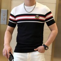 ฤดูร้อน Patchwork สี Slim Fit ถัก T เสื้อผู้ชาย O-Neck ยืด Tee เสื้อ Homme 2022 Streetwear แฟชั่นผู้ชายสบายๆเสื้อยืด