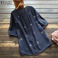 COD dhdfxcz ZANZEA Women Short Sleeve Embroidery Casual Loose Button Down Front Blouse