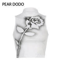 เสื้อกล้ามสั้นคอสูงพิมพ์ลายดอกกุหลาบสีดำสำหรับผู้หญิง PEAR DODO ลำลองสไตล์เกาหลี