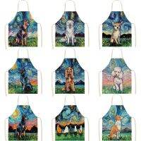 Oil Painting Style Apron Starry Sky Background Dog Creative Cotton Linen Parent-child Apron Kitchen Household Aprons