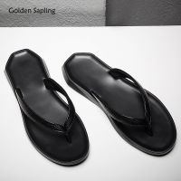 Golden Sapling Flip Flops Mens Slippers Genuine Leather Flats Casual Business Shoes Men Leisure Beach Flip Flop Party Slides