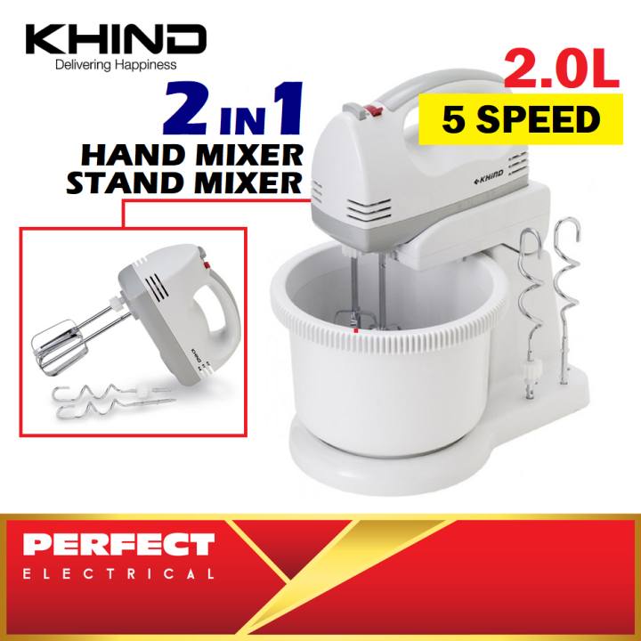 Khind 2.0L Stand Mixer 5 Speed 2 in 1 Hand Mixer with Rotating Bowl