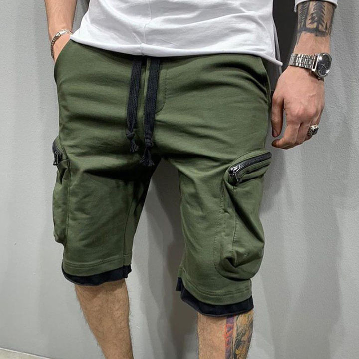 กางเกงขาสั้นฮิปฮอปเอวยางยืดปะติดสำหรับผู้ชาย-กางเกงคาร์โก้ลำลองแฟชั่นฤดูร้อนมีซิปกระเป๋าความจุขนาดใหญ่