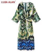 [hot]♈ﺴ♂  New V-neck Design Printed Female Sleeve Loose Vestidos LUJIA ALAN WD2211