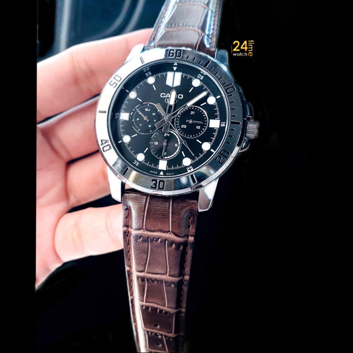 ฮอท-casioผู้ชายแท้-สายหนังสีน้ำตาลตัดกับหน้าปัดสีดำสุดคลาสสิค-นาฬิกาcasio-คาสิโอ-นาฬิกาแท้-มีใบรับประกัน
