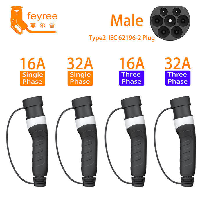 Feyree Ev Charger Male Plug 16a 32a 1 Phase Type2 Iec62196 Adapter 11kw 22kw Three Phase 2295