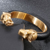 Golden Stainless Steel Lion Head Open Bangles For Men Elastic Adjustable Leather celets Male Boys Hand Accessories Jewellery