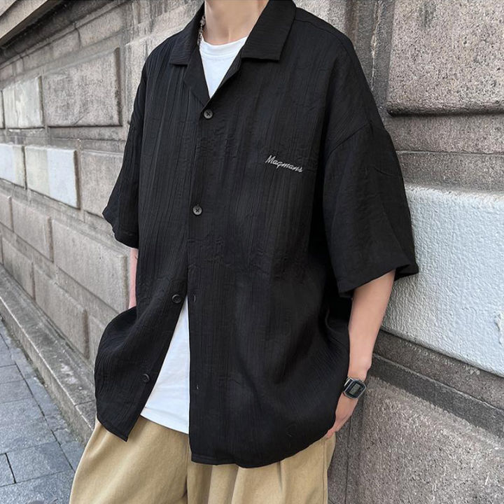woma-เสื้อปกครึ่งแขนปักลายคิวบาของผู้ชาย-เสื้อทรงหลวมสไตล์ญี่ปุ่นเสื้อยึดขี้เกียจพรีเมี่ยม