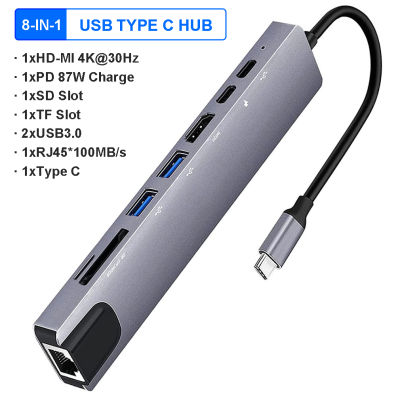USB C HUB 4K 30Hz ประเภท C HUB USB C Splitter ประเภท C ถึง HDMI เข้ากันได้กับ RJ45 87W USB 3.1 อะแดปเตอร์พอร์ต Ethernet Docking Station-kdddd