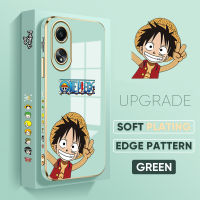 เคส PMP A58 OPPO Hp 4G ฟรีสายคล้อง + การ์ตูนอะนิเมะแฮปปี้ลูฟี่ขอบสี่เหลี่ยมเคสโทรศัพท์ชุบหรูหราชุบเคสโทรศัพท์นิ่ม