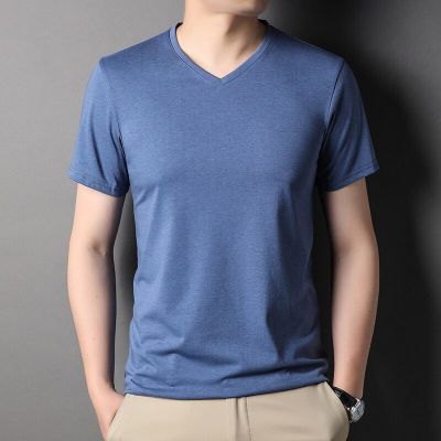 HOT11★BROWON Brand Mulberry Silk T-shirt Men 2023 Fashion Summer Thin Short Sleeve Men Tshirt Solid V-Neck Collar Regular Men Clothing