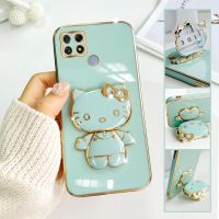 For Realme C25 Mobile Phone Case Fashion Temperament Plating TPU Advanced Rotary Stand Makeup Mirror Hello Kitty Folding Mirror Stand Net Red New Couple Gift Soft Touch Anti slip Anti fall Protective Case