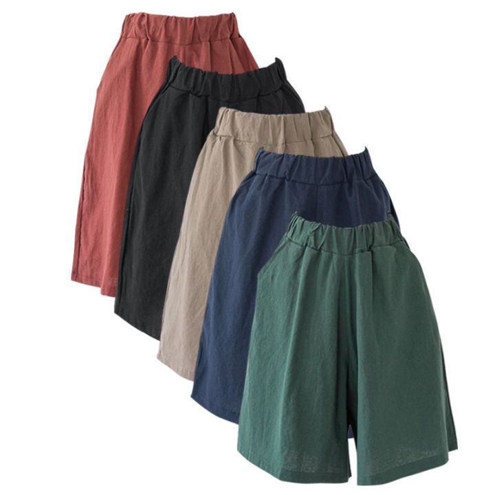 กางเกงห้าส่วนผ้าฝ้ายและผ้าลินินกางเกงขาสั้นลำลองผู้หญิงฤดูร้อนไซส์ใหญ่-200-อ้วน-mm-กางเกงเอวยางยืดเพิ่มไขมัน-5-กางเกงขากว้าง