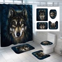 【CW】☍✼☊  Animals Wolf Shower Curtains Print Curtain Set Anti-slip Carpets Polyester Toilet Rugs