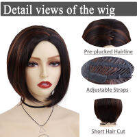 GNIMEGIL สีน้ำตาลวิกผมสังเคราะห์ธรรมชาติผม ite ขนาด Wigs สำหรับผู้หญิง Pixie ตัดสั้น Highlight ผมอินเทรนด์ Mommy วิกผม