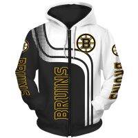 {AH Department Store}บอสตันผู้ชายแฟชั่นแขนยาว3D Bruins Hoodies ซิปสีขาวสีดำเย็บโค้งเสื้อยืดพิมพ์วงกลม