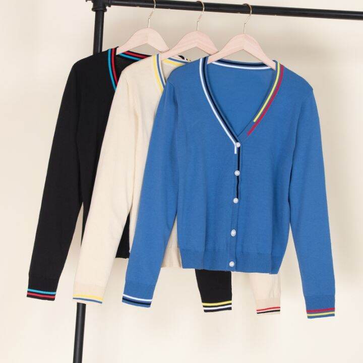 เสื้อคาร์ดิแกนถักสำหรับผู้หญิงสีดำเสื้อสเวตเตอร์ถักสไตล์-mode-korea