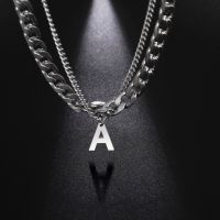 【CW】Skyrim A-Z Initial Letter Alphabet Punk Men Necklace Stainless Steel Double Layer 7mm Cuban Link Chain Hip Hop Jewelry Hot