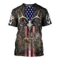New 2023 Summer Hunting Deer Flag T-shirt Full Print Mens T-shirt O-Neck Top Casual Harajuku 3D T-shirt Summer new T-shirt