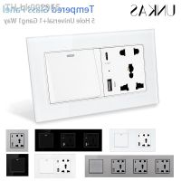 ○❦☫ UNKAS Type C Wall USB Port 5 Hole Universal Standard 1 Gang 1 Way On / Off Push Button Tempered Panel 16A Power Socket Outlet