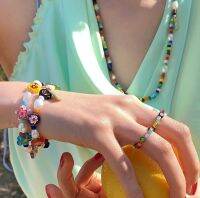 [COD] Dongdaemun same style daisy flower niche rainbow beaded necklace bracelet ring set