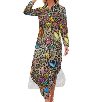 Leopard Butterfly Casual Dress Animal Print Butterflies Simple Dresses Long Sleeve Elegan V Neck Print Oversized Chiffon Dress