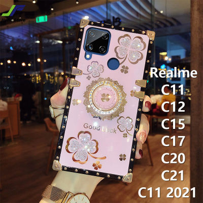 JieFie สำหรับ Realme C21Y / C25Y / C35 / C11 / C12 / C15 / C17 / C20 / C21 / C11 2021 Luxury ดอกไม้ประกายสแควร์โทรศัพท์กรณีที่มีขาตั้งแหวน