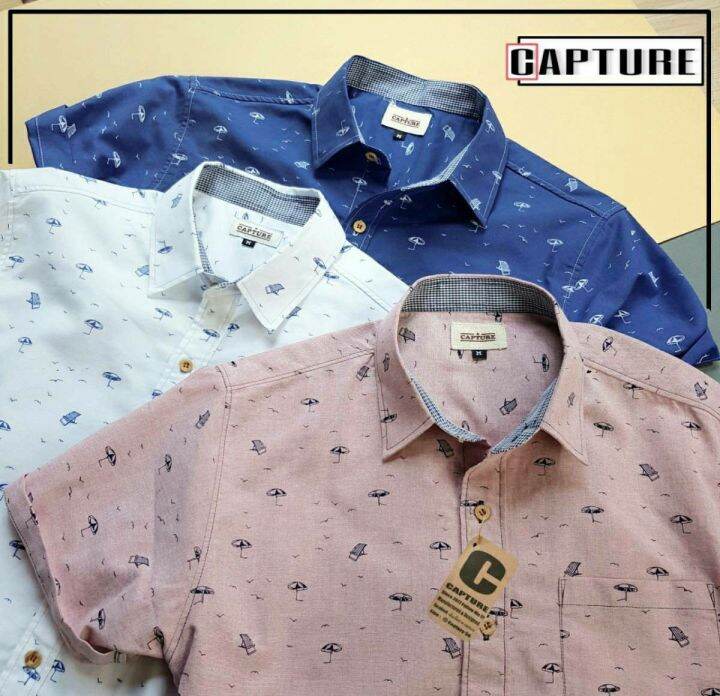 capture-shirt-เสื้อเชิ้ตผู้ชาย-คอปก-แขนสั้น-ผ้า-oxford-ลายร่มชายหาด-สีน้ำเงิน-มีถึงอก-48-นิ้ว