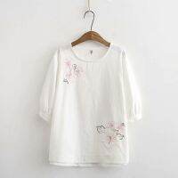 【มีไซส์ใหญ่】Plus Size XL-4XL White Blue Summer Tops Womens Fashion O-Neck Tshirts Floral Embroidery Half Sleeve T-shirt Vintage Retro Top