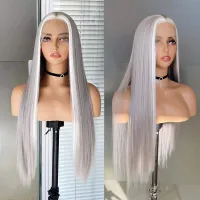 AIMEYA Long Silky Straight Synthetic Lace Front Wig for Women Silver Grey Mix White Heat Resistant Fiber Hair Wigs Middle Part Wig  Hair Extensions Pa