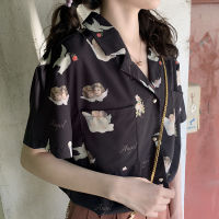 Harajuku Women Kong-Style Single Breasted Japanese Short Sleeve Female Shirts Loose Casual LadyTops Angle Pattern Print Blouse