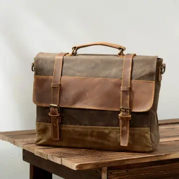 Laptop Messenger Bag for Men 15.6 Inch Waterproof Waxed Canvas Vintage  Genuine Leather Briefcase, Brown